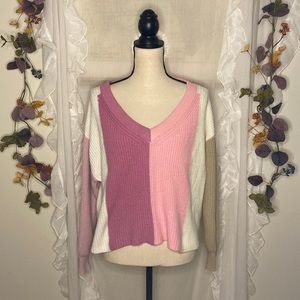 Alya Pink White Tan Ribbed V-Neck Sweater Size Medium